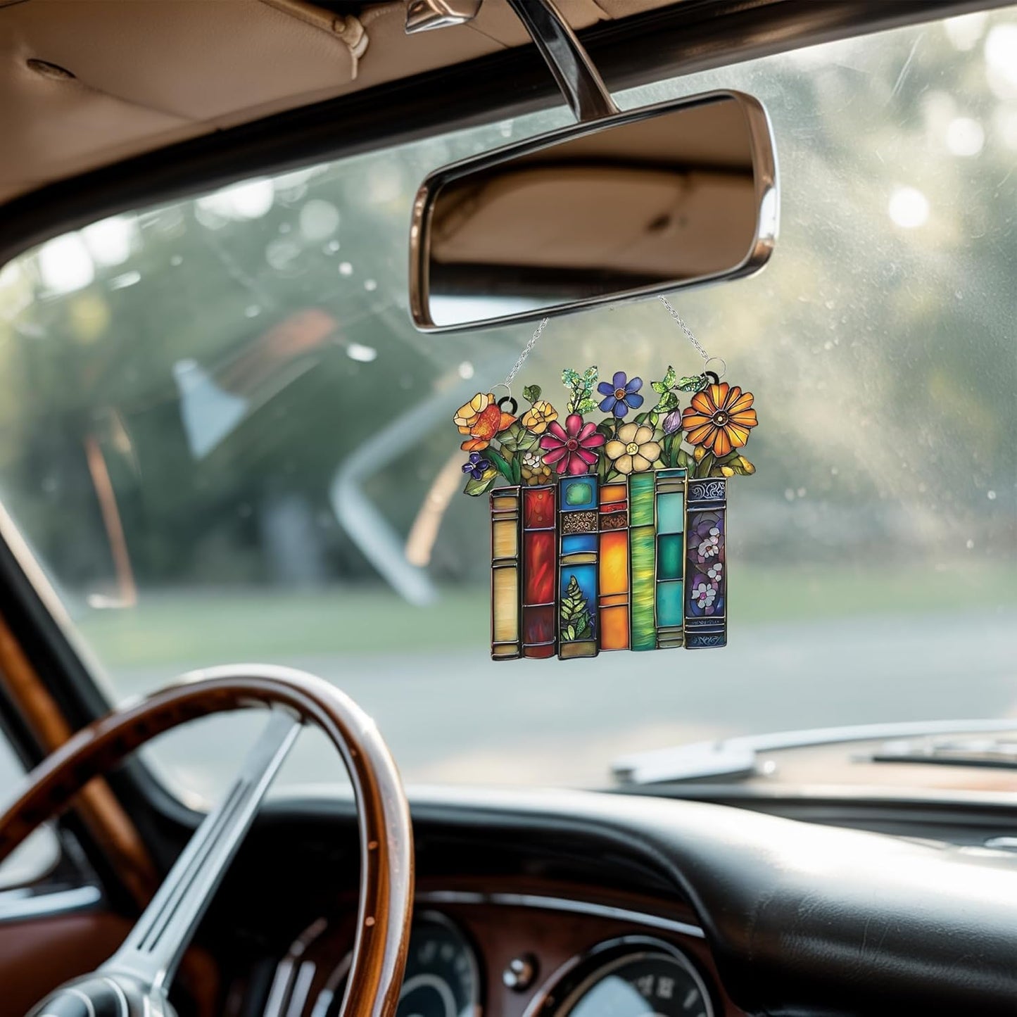Flower and Books Bookish Acrylic Suncatcher Stained Glass Effect Window Car Hanging Christmas Ornament Indoor Outdoor Decor Garden Bookworm Sun Catcher Book Lover for Women Mom Grandma