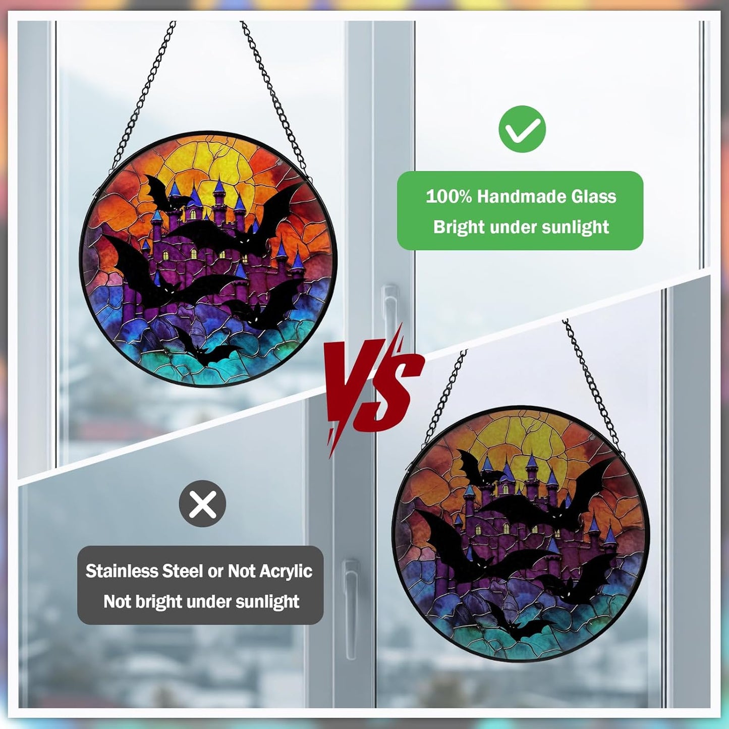 Halloween Stained Glass Window Hanging, Bat Suncatcher for Window Hanging, Moon Sun Catchers Indoor Windows Wall Art, Gifts for Bat Lovers, Christmas Decor, for Home Garden Office 7.87 inches