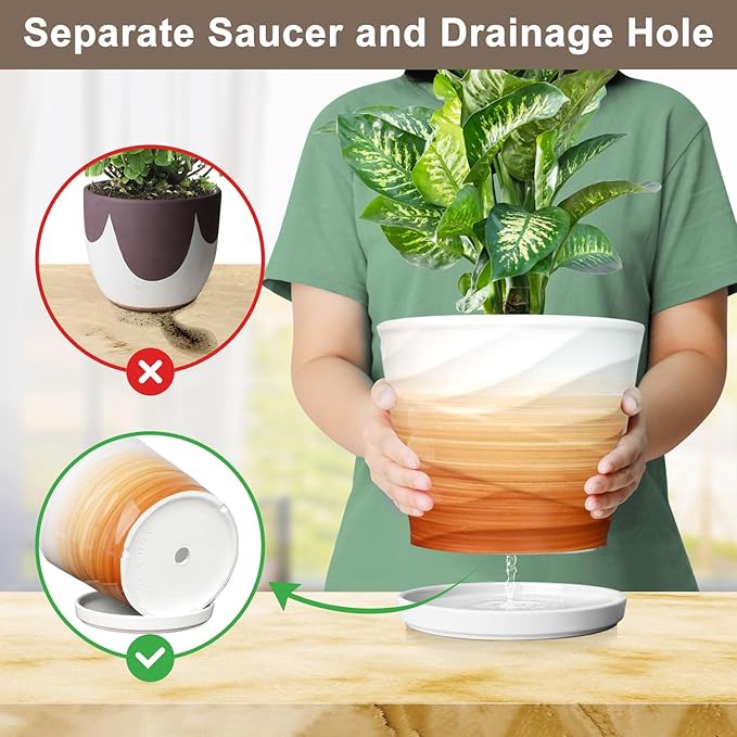 8 Inch Plant Pot, Ceramic Planter with Drainage and Saucer, Ceramic Pots for Plants, Indoor Plant pots,Ceramic Flower pots,Modern Planter(Khaki + White)