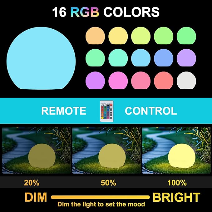 shumi Solar Ball Light-10inch LED Outdoor Table Lamp 16 RGB Colors and Dimmable Globe Light with Remote,Decor for Patio,Garden,Yard,Beach,Pathway