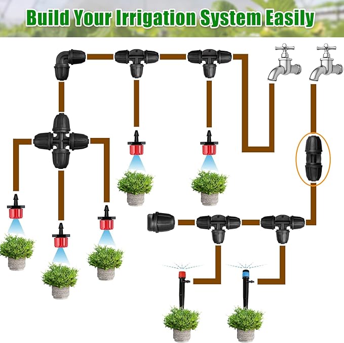 JAYEE 1/4 Inch Drip Irrigation Fittings Barbed Coupling Connectors, 25 Pcs Drip Line Parts for for ¼ In. Tubing, Irrigation Coupler with Locked Nuts for Trees, Shrubs, Sprinkler Systems, Black