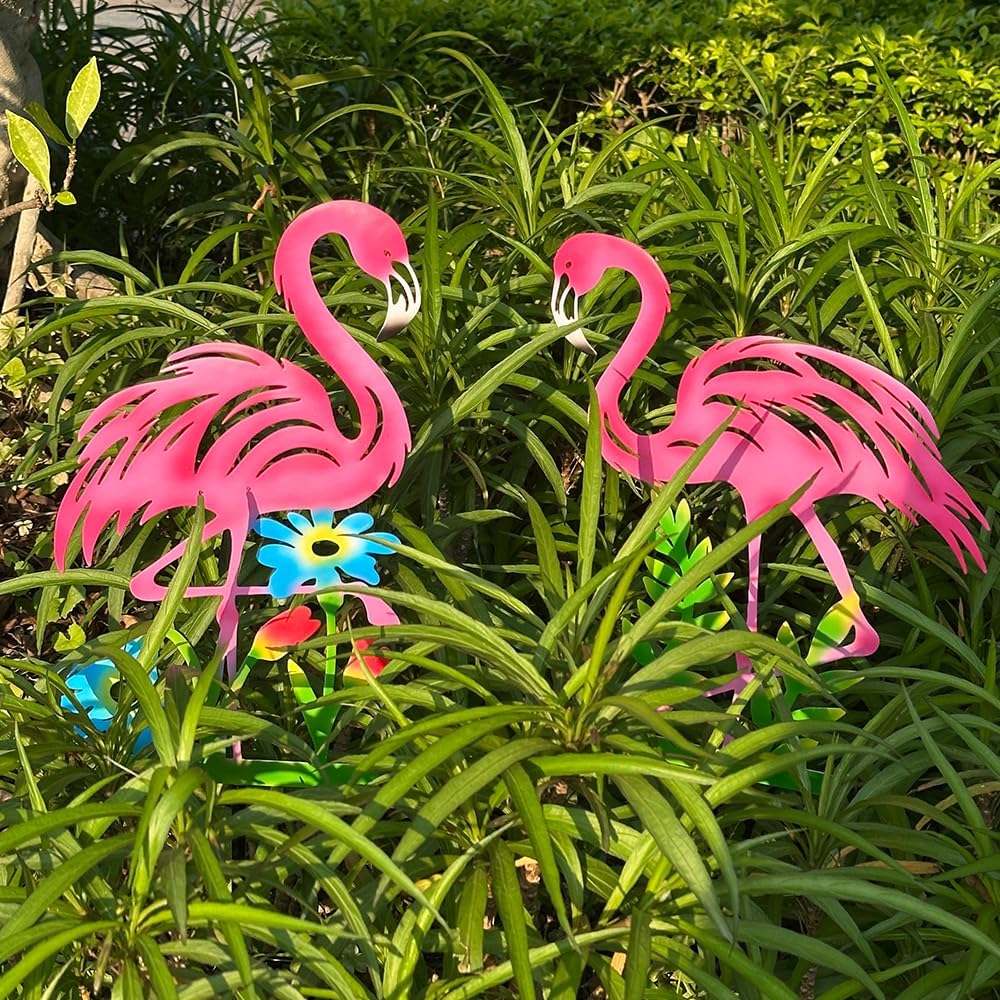 2 Pack Pink Flamingo Garden Statue - 20.5 inch Hand Flamingo Painted Metal Patio Art, Outdoor Decorative Stake Flamingo Statue for Lawn, Patio, Porch and Backyard, Gifts for Ladies (A Style 2 Pack)