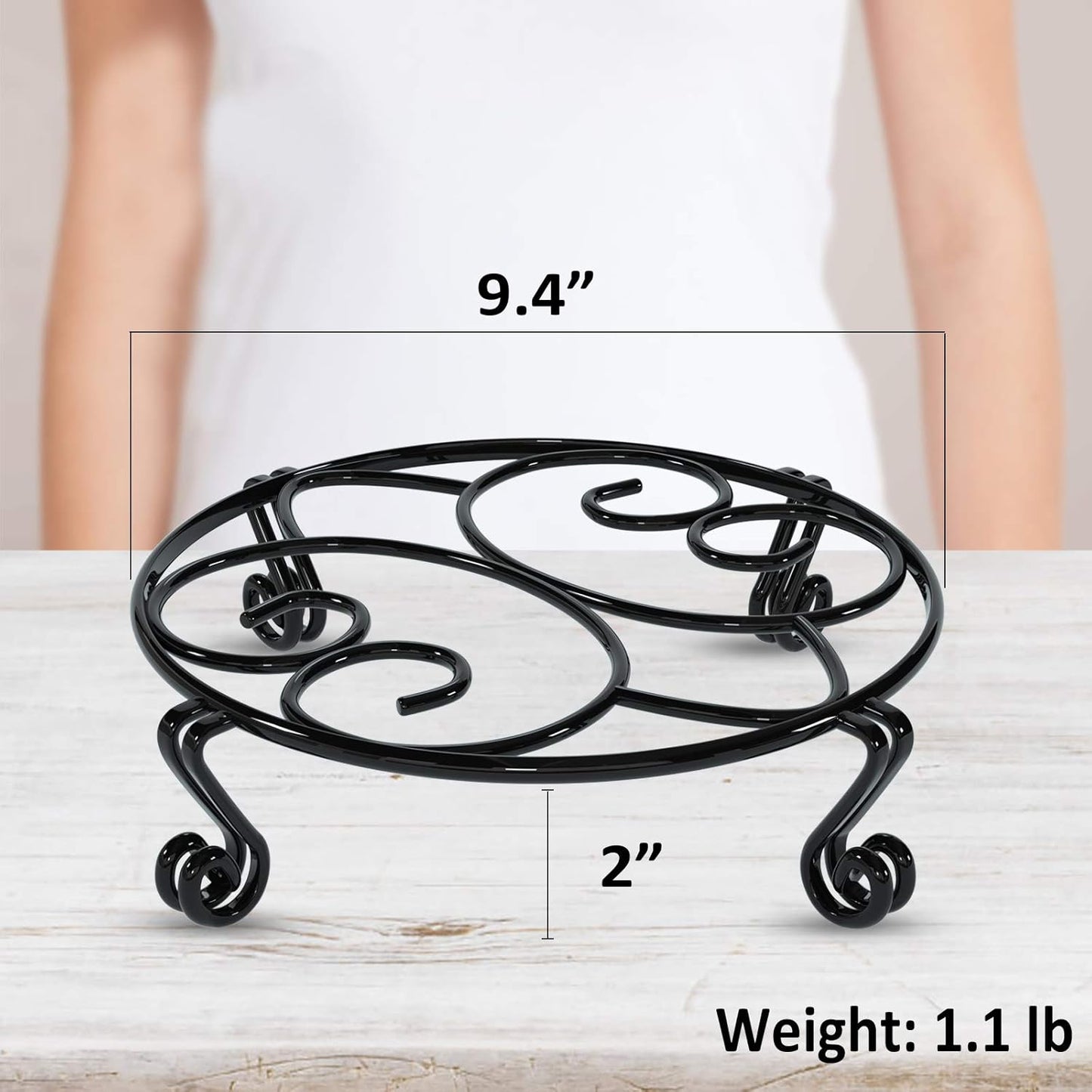 Yimobra Original Patented Plant Stand for Flower Pot Heavy Duty Potted Holder Indoor Outdoor Metal Rustproof Iron Garden Container Round Supports Rack for Planter, Black, 9.4 X 2Inches