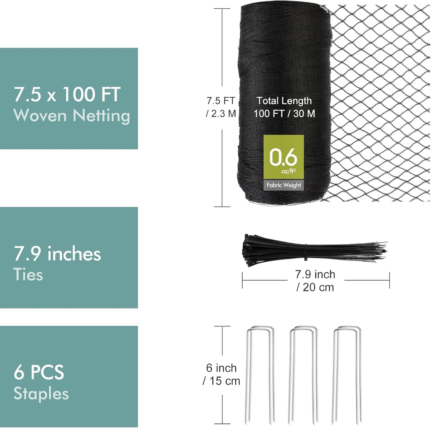 Bird Netting for Garden, Fetanten 7.5 x 100 FT Netting for Garden Protection Vegetables Fruit Trees Blueberry from Birds Deer Poultry, Heavy Duty Woven Mesh Net Animal Fencing with Ties and Staples
