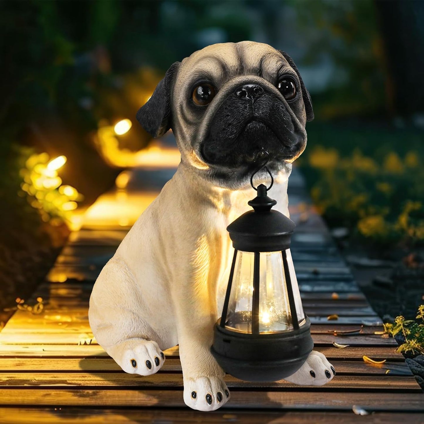 Garden Dog Statues Outdoor Decor, Solar Lights Outdoor Pug Figurines Solar Dog Ornaments for Patio, Lawn, Yard Art Decoration, Housewarming Garden Gift