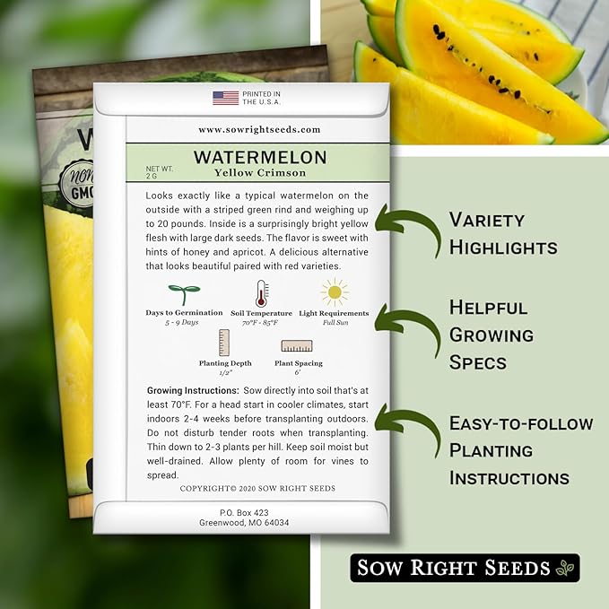 Sow Right Seeds - Yellow Crimson Sweet Watermelon Seed for Planting - Non-GMO Heirloom Packet with Instructions to Plant a Home Vegetable Garden - Rare Yellow Flesh Melon with Sweet Flavor (4)
