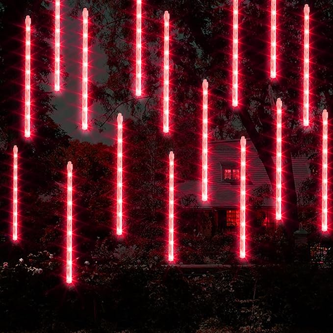 Dazzle Bright 288 LED Christmas Light, 11.8 Inch Meteor Shower Rain Lights with 8 Tubes,Waterproof Plug in Falling Rain Lights Christmas Decorations for Xmas Bushes Tree Yard Party (RED)