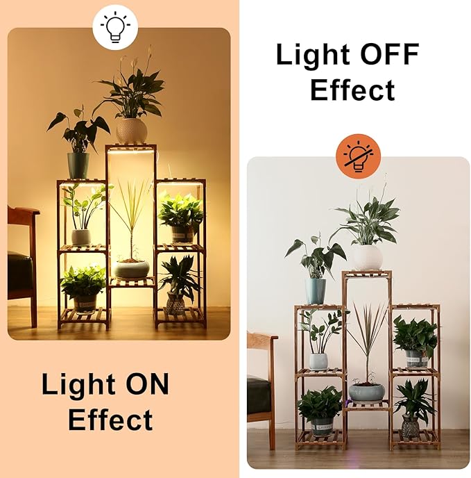 Plant Stand with Grow Light, Plant Shelf Indoor with Full Spectrum Led Grow Light, Timer Function and Brightness Adjustment, 8 Tiered Wood Plant Stand Indoor for Corner | Patio | Living Room