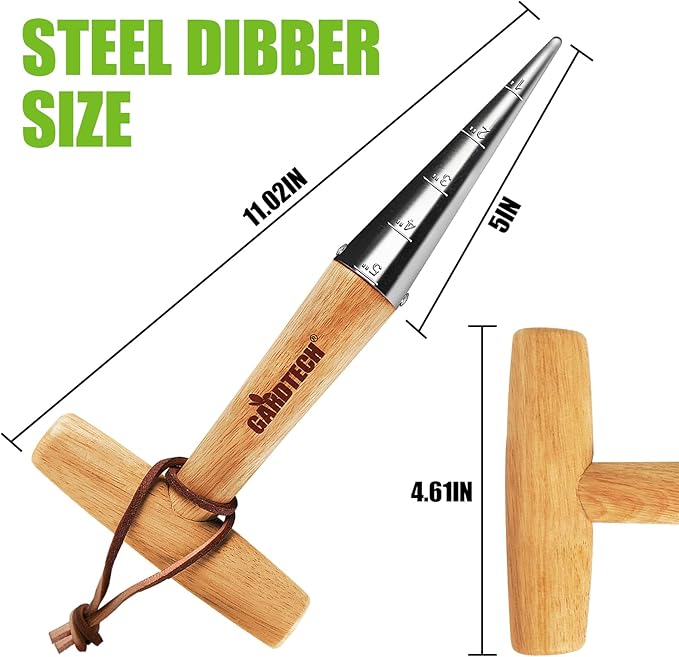 Gardtech Hand Dibber with Wooden Handle, Chrome Coated Stainless Steel Head - Lightweight Sturdy Hand Held Bulb Planter for Tulip Daffodil Crocus Garden Tool (Dibber)
