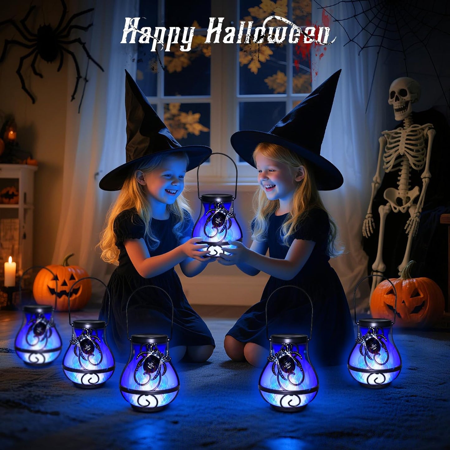 2 Pack Halloween Lights Outdoor Spider Hanging Solar Lantern Flickering Flame Lights Garden Patio Porch Halloween Party Decoration