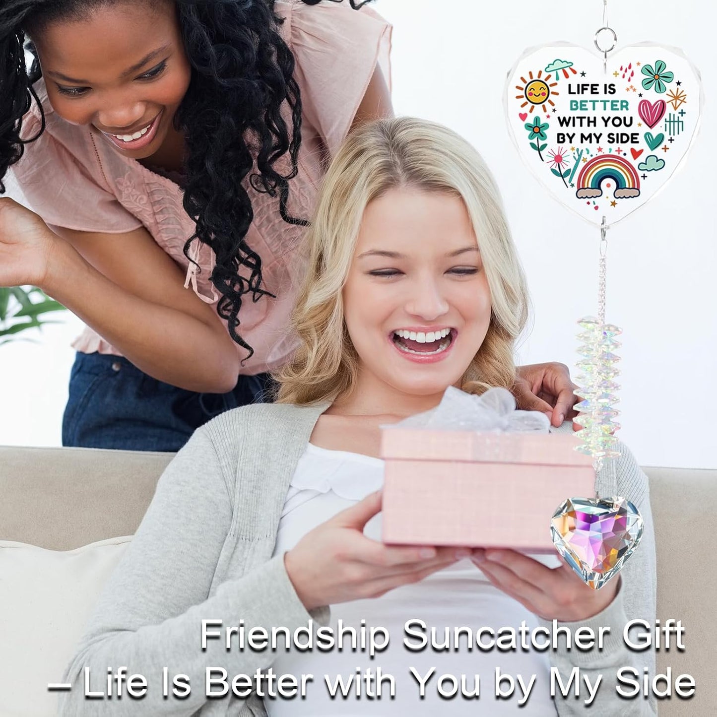 Gifts for Girlfriend, Best Friend, Sisters, Mom,Daughters,Crystal Suncatcher Ornament with Quote “Life is Better with You by My Side”Birthday Gifts,Window Hanging Decor
