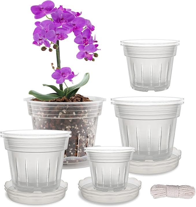 Orchid Pot, 8 Clear Orchid Pots with Holes and 6 Saucers, 2 Each of 4.1, 4.8, 5.7 and 6.4 Inch Orchid Pots for Repotting, Plastic Orchid Planter Breathable Slotted Flower Plant Nursery Pot