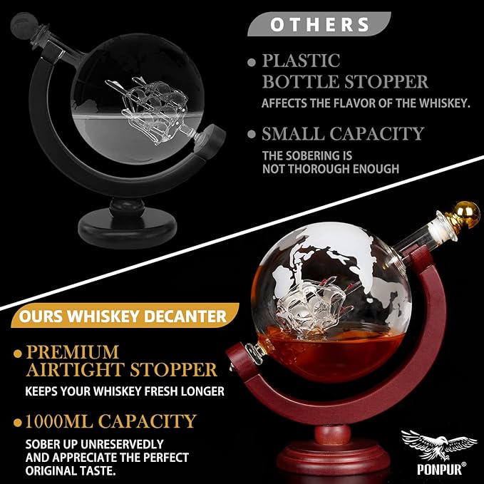 PONPUR Whiskey Globe Decanter, Gifts for Men Dad Father's Day, Anniversary Birthday Gift for Him Husband Boyfriend Grandpa, Unique Housewarming Presents Whisky Bourbon Decanter, 1000ml