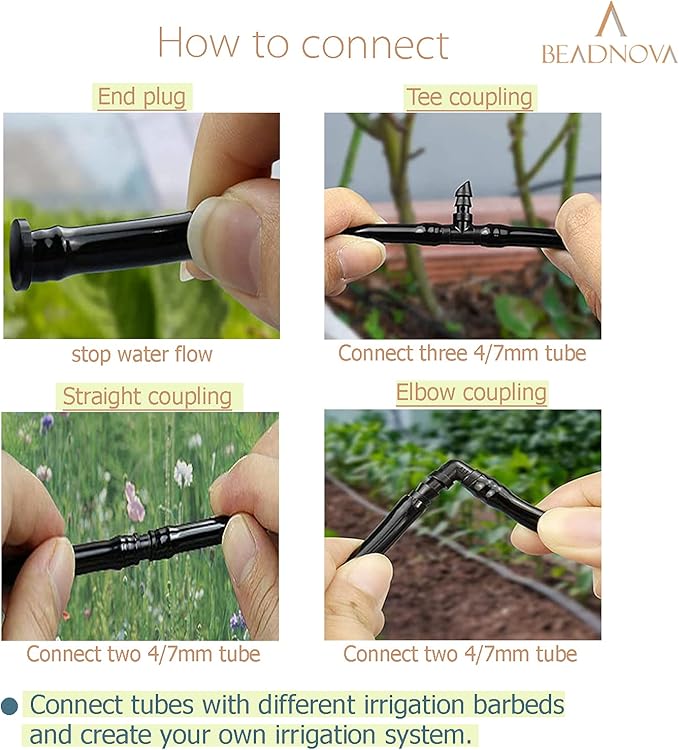 BEADNOVA Drip Irrigation Parts 80 Pcs Mix 1/4 Inch Barbed Tee Elbow Straight Couplings End Plugs Drip Irrigation Fittings Drip Line Connectors for 1/4 Inch Irrigation Tubing Garden Watering System