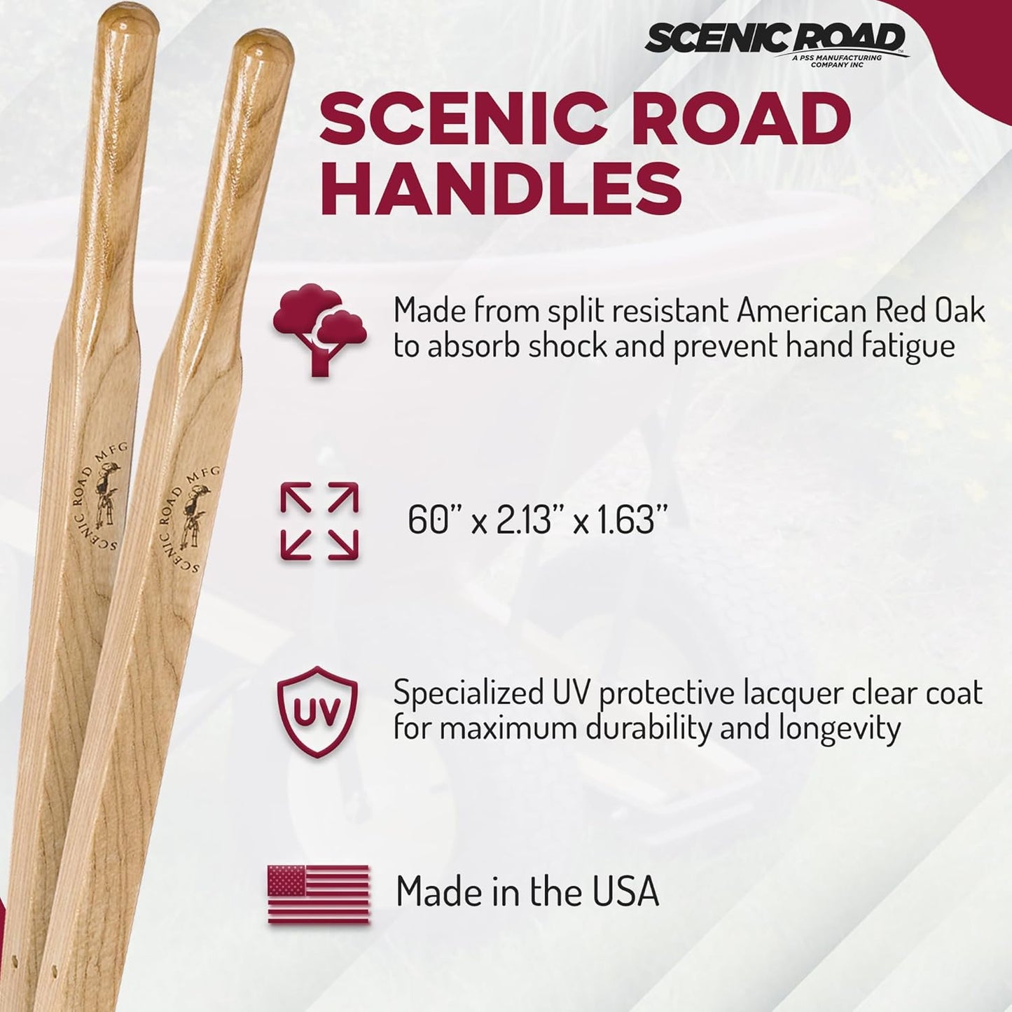 SCENIC ROAD Replacement Wheelbarrow Handles, American Red Oak, Fits Scenic Road Maroon Wheelbarrows, 2-1/8" Wheelbarrow Handles