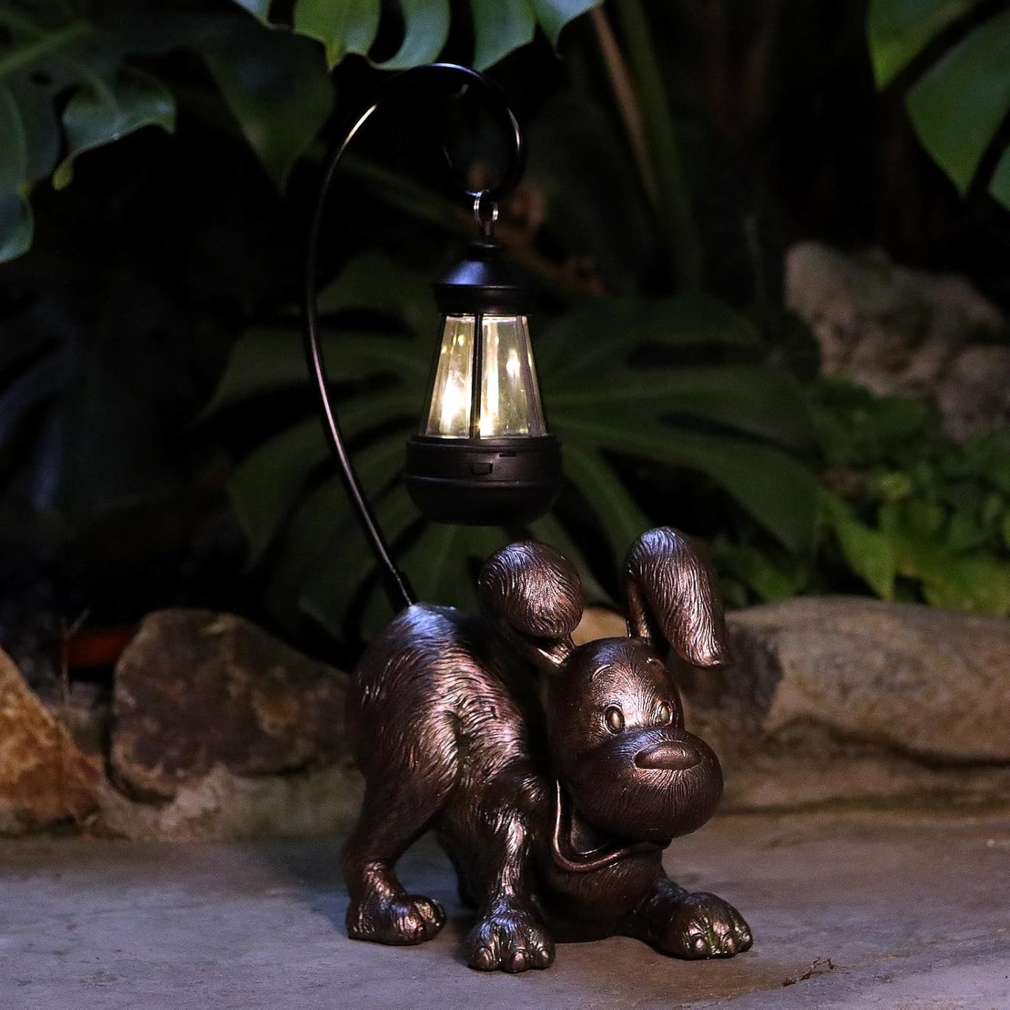 Laughing Dog Figurine with Solar-Powered LED Light 15.9 Inches Tall Antique Bronze, Perfect for Gift Garden Decor or Housewarming for Dog Lovers