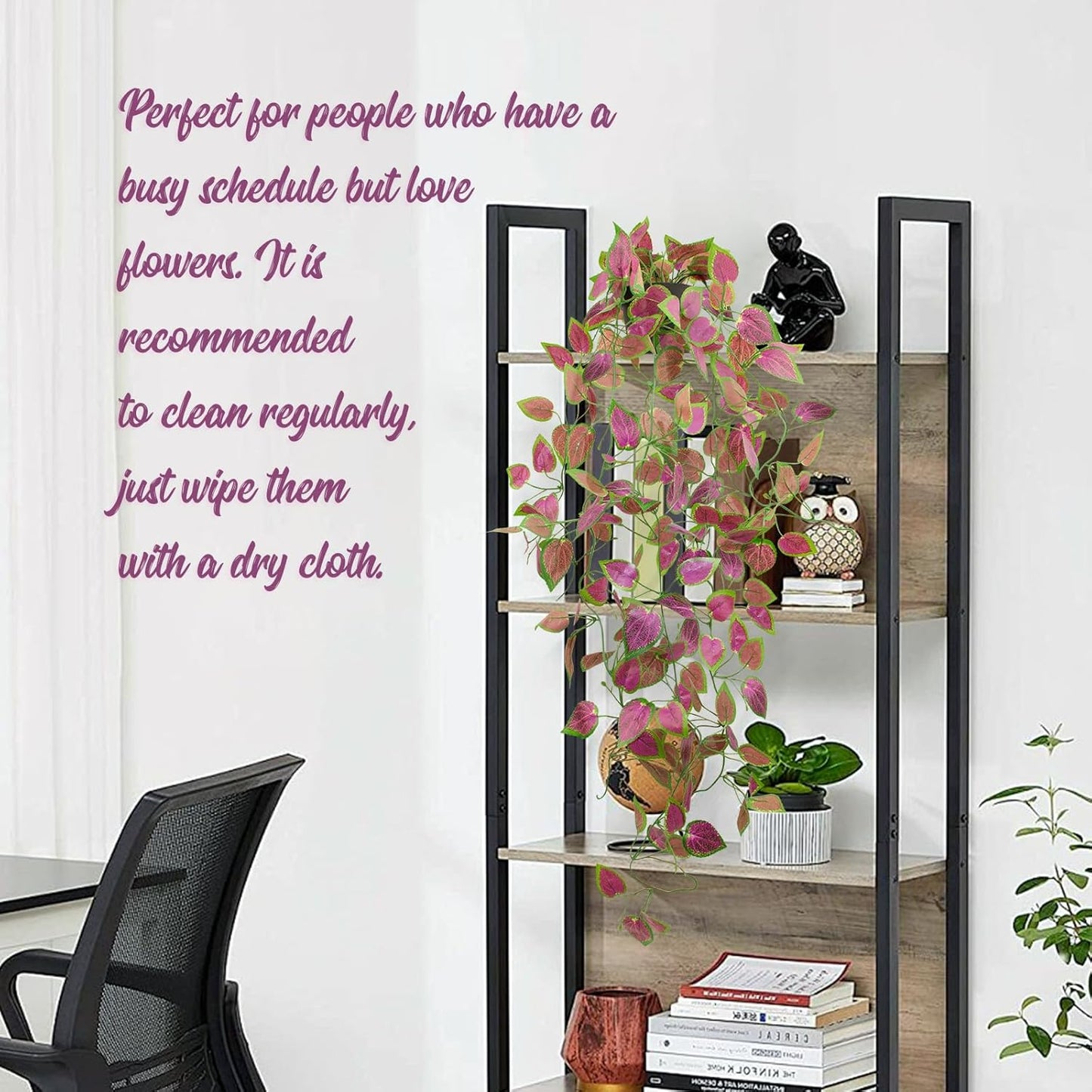 LOYWREE 2 Pack Artificial Purple Ivy Hanging Vine Plants - Small Potted Long Trailing Cascading Foliage, Gothic Home Decor for Indoor/Outdoor, Office, Garden & Shelf (Black Pot Included)