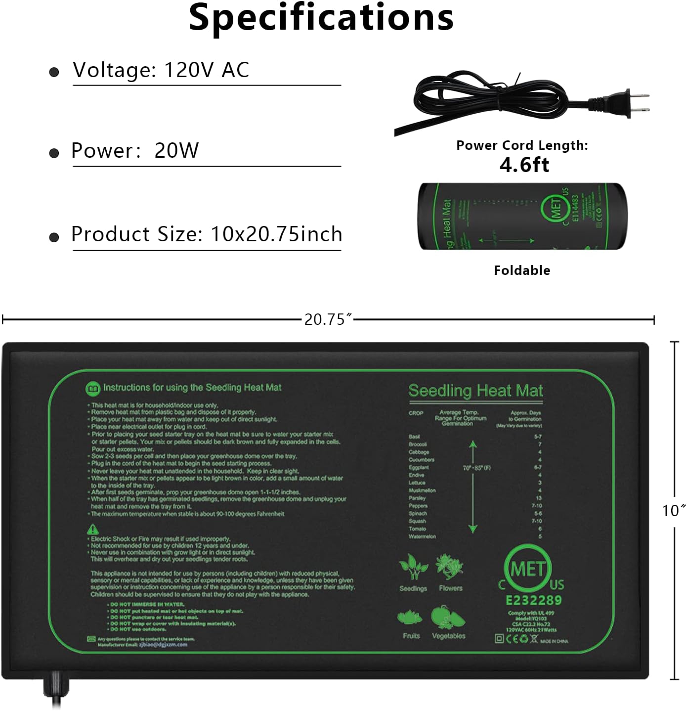 Seedling Heat Mat for Indoor Home Gardening Seed Starting, 10"x 20.75" Plant Heating Pad, Warm Germination Hydroponic MET Certified Waterproof, 21W(2 Count (Pack of 1))