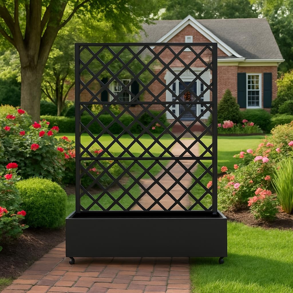 Metal Planter Box with Diamond Lattice Trellis - 72"x47" Galvanized Raised Garden Bed on Wheels for Climbing Plants and Vines, Black Finish