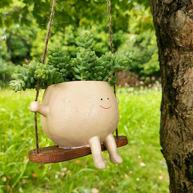 Swing Face Planter Pot Hanging Resin Flower Head Planters for Indoor Outdoor Plants Succulent Pots for String of Pearls Plant Live Gift Ideas for Mother, Christmas