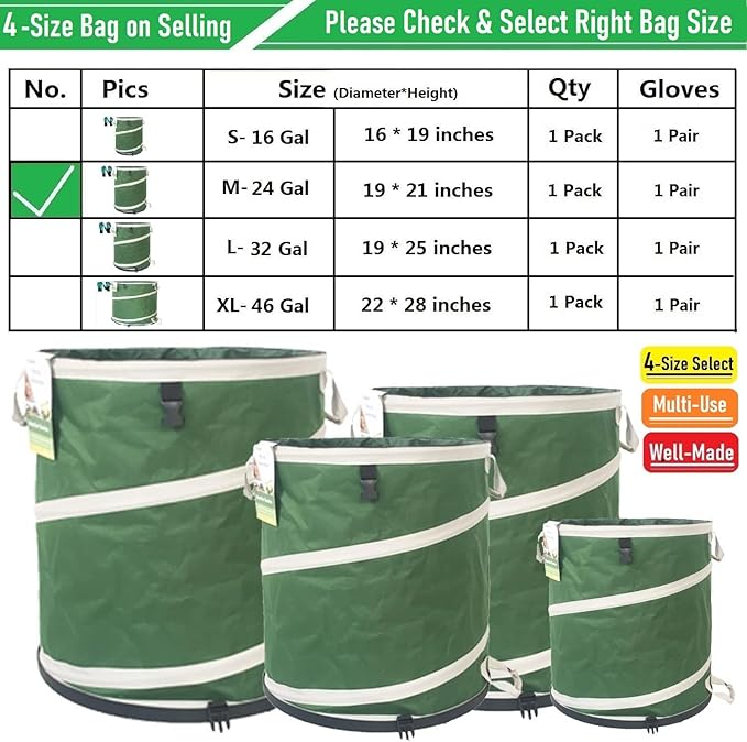 24-Gallon Collapsible Trash Can (19x21 in) Hard-Shell Bottom Yard Garden Bag for Yard Waste,Debris