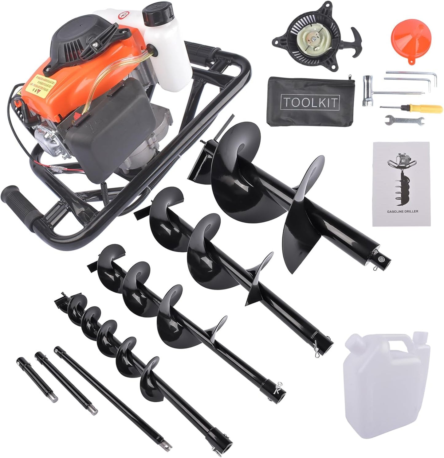 Gas Powered Post Hole Digger Earth Auger - 72cc 4-Stroke Engine with 4"/6"/8"/12" Drill Bits & 8"/12"/20" Extension Rods for Farmland, Garden, Planting