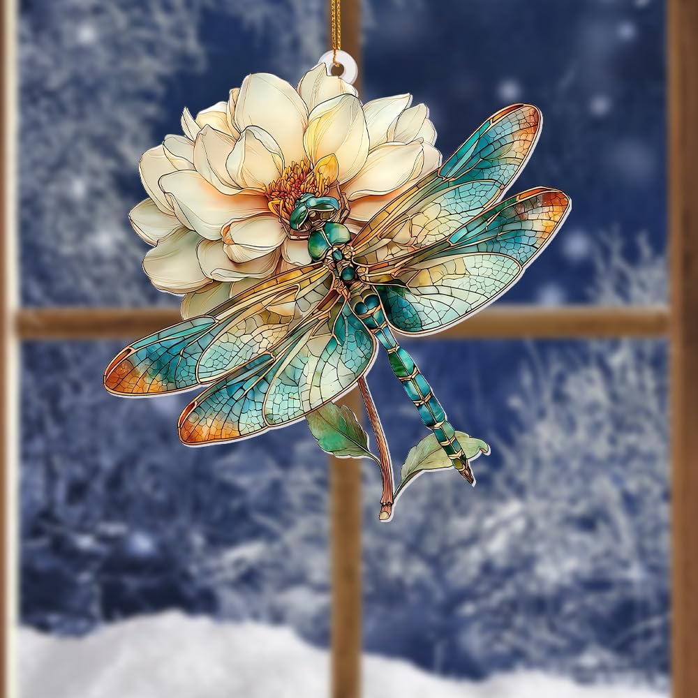 Dragonfly Ornament Stained Glass Style – Acrylic Window Hanging Suncatcher with Flower, Dragonfly Gifts for Women, Christmas Tree Ornament, Whimsical Home & Garden Décor(Sun-21)