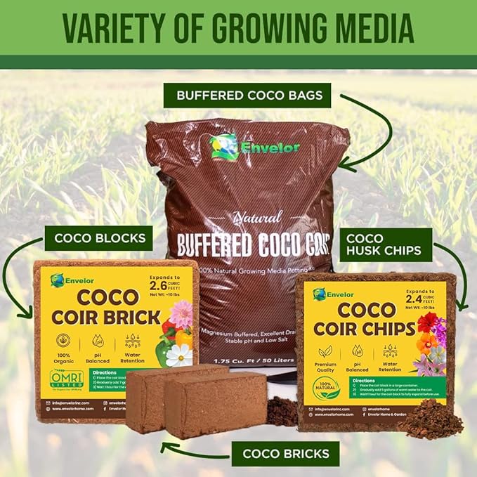 Coco Coir for Plants 3-Pack Envelor 2.4 Gallons Compressed Coconut Coir Bricks 10 lb. Organic Coconut Coir Bulk Low EC pH Balanced Natural Coco Peat for Indoor and Outdoor Gardening Potting Soil
