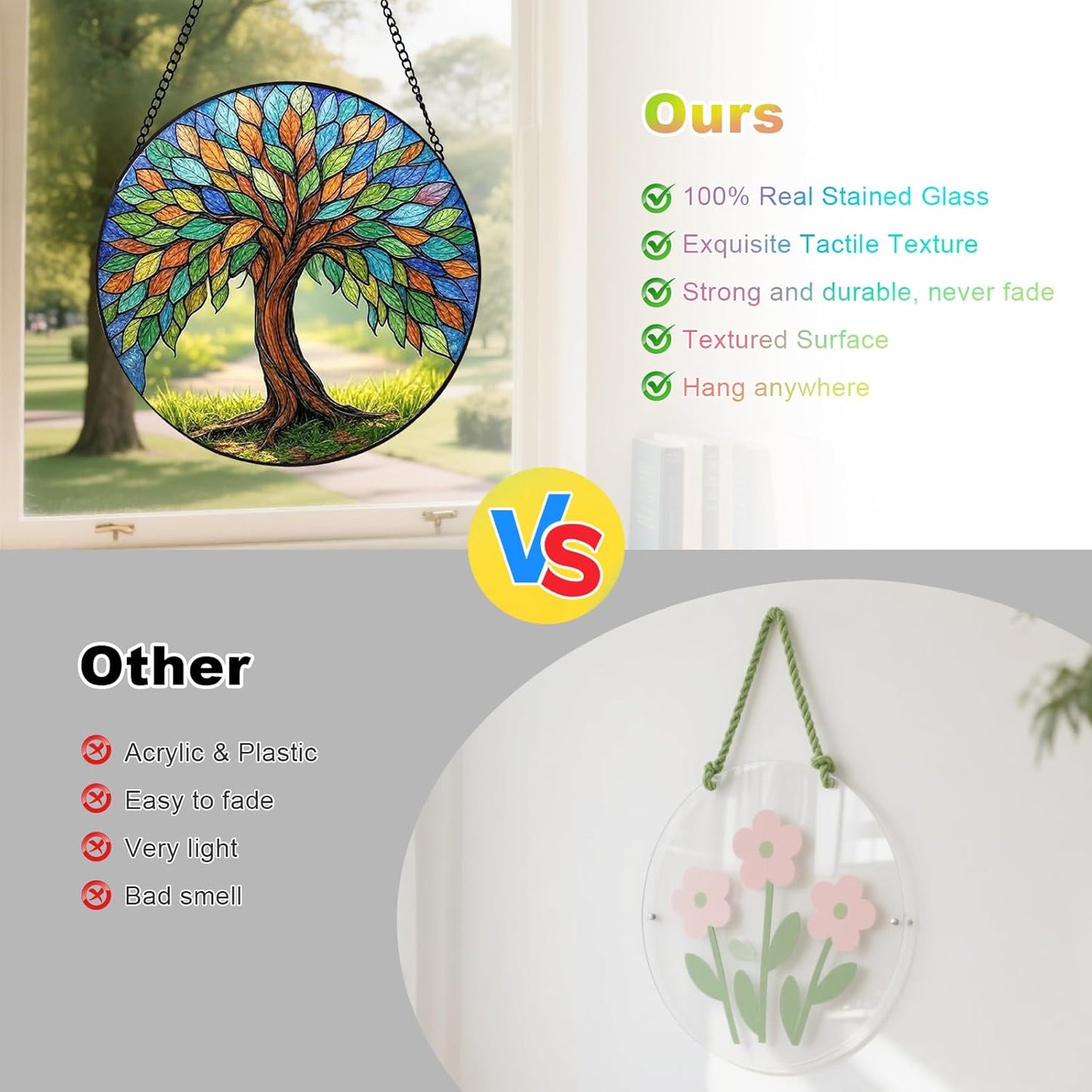 Stained Glass Window Hanging – Colorful Tree of Life Sun Catcher Round Glass Panel, Vibrant Window Decor Suncatchers for Windows Hanging Gift for Women, Mom, Wife, Friends (12 Inch)