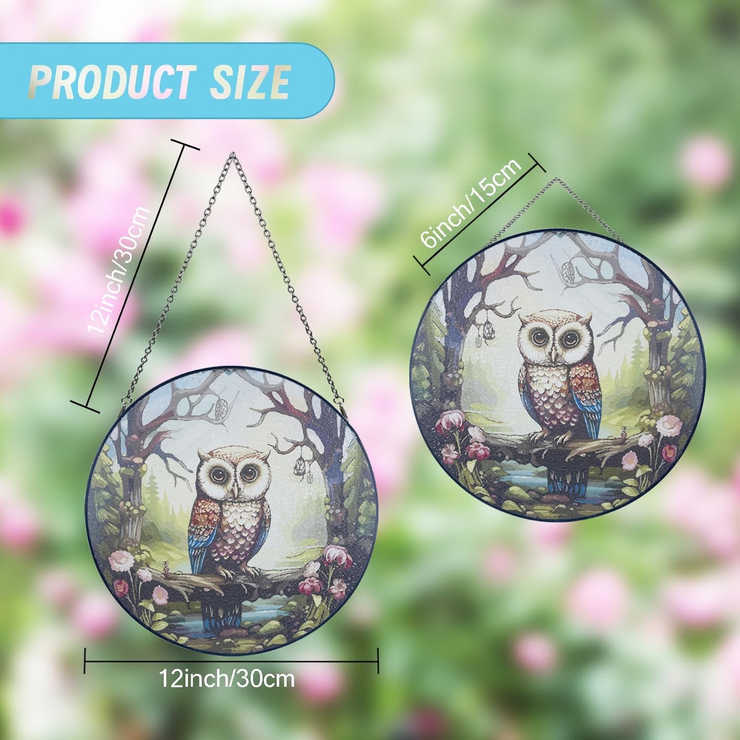 Launching at 12", Hand Painted Owl Stained Glass Hanging, Includes Metal Chain