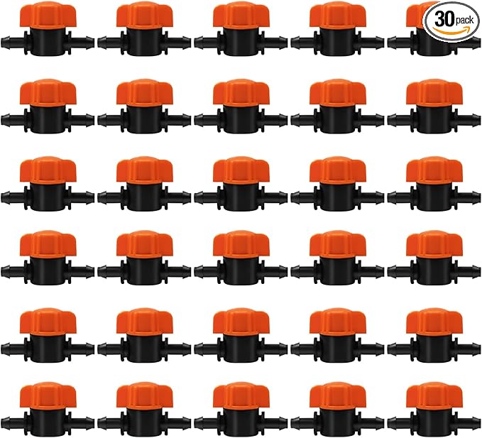TTioDri 30 Pack 1/4" Drip Irrigation Valves, Drip Irrigation Shut Off Switch Valve for 1/4 Inch Drip Irrigation Tubing Water Flow Control Valve Drip Line Cut Off Valve for Garden Drip Systems