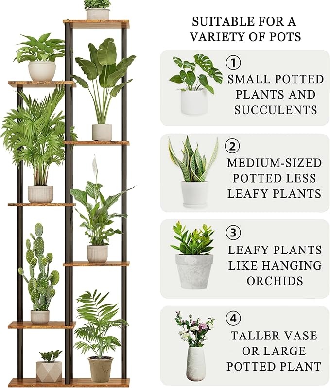 Plant Stand Indoor 7 Tier 8 Potted Metal Wood Plant Shelf, Multiple Flower Pots Corner Tall Plant Holder Stands for Living Room Balcony Bedroom, Rustic Brown