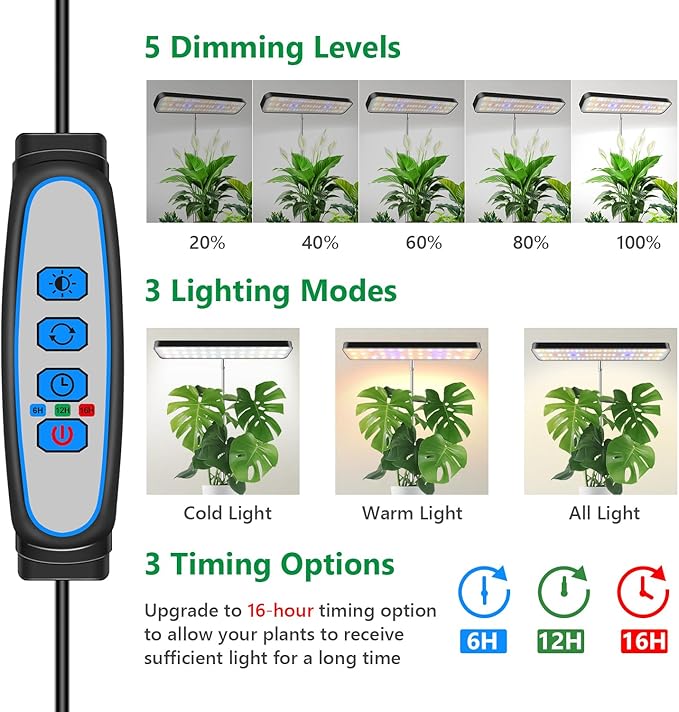 Grow Lights for Indoor Plants, Full Spectrum Table Plant Lights for Growing Small Plants, 5000K White Light LED Indoor Plant Light with Base, 26 Inch Height Adjustable, 6/12/16H Timer