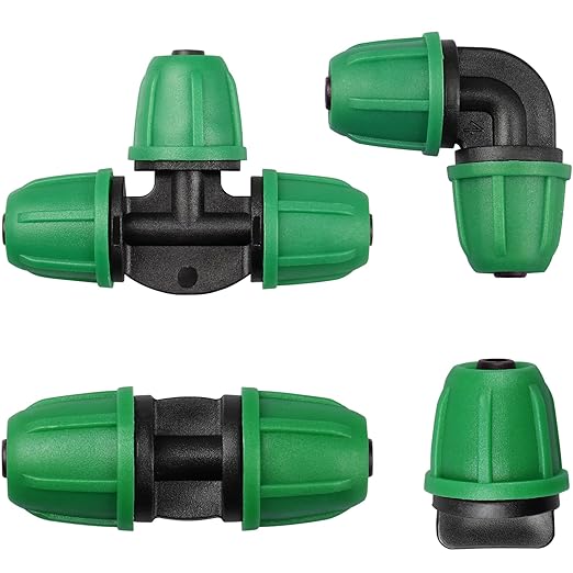 Upgraded 1/4" Drip Irrigation Fittings:50 Pieces Set-20 Couplings 15 Tees 10 Elbows 5 End Plugs, Leak Free Barbed Locked Nut Connectors for 1/4 Inch Irrigation Tubing