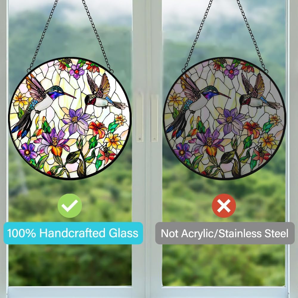 Stained Glass Hummingbird Suncatcher Window Hanging - Handmade Stained Glass Bird Suncatchers for Windows Hanging - Wildflowers Sun Catchers Wall Art Home Garden Decor Panel Gifts for Women Mom Wife