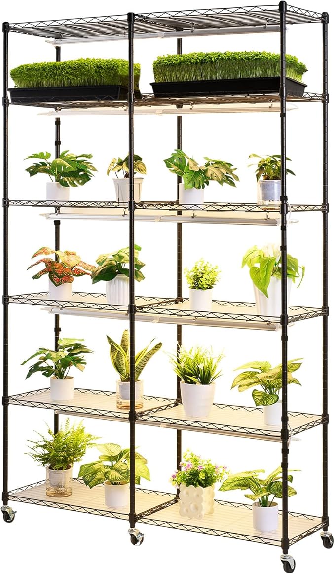 VEVOR Plant Shelf with Grow Light, 6-Tier Double-Row Plant Stand, 71in Tall Indoor Plants Display Rack with Wheels & Timer, 200W Full Spectrum Grow Lights, Metal Flower Pot Holder for Seed Starting