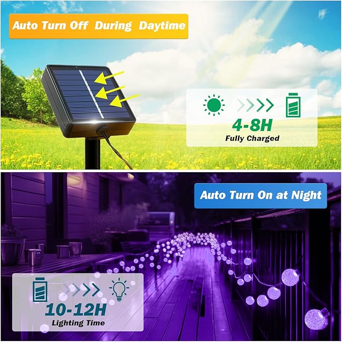 Solar Lights Outdoor Waterproof, 2 Pack Total 120LED 72FT Solar String Lights for Outside w/ 8 Modes, Outdoor String Lights Crystal Globe Patio Lights for Garden Yard Party Decor (Purple)