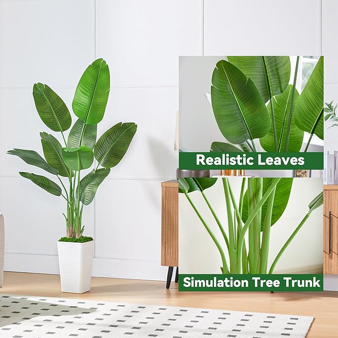 Lifelike Bird of Paradise Silk Artificial Plant Faux Banana Leaf Tree for Home Decor - Perfect Indoor Floor Plant with 9 Trunks (1, Black Planter, 4 FT)