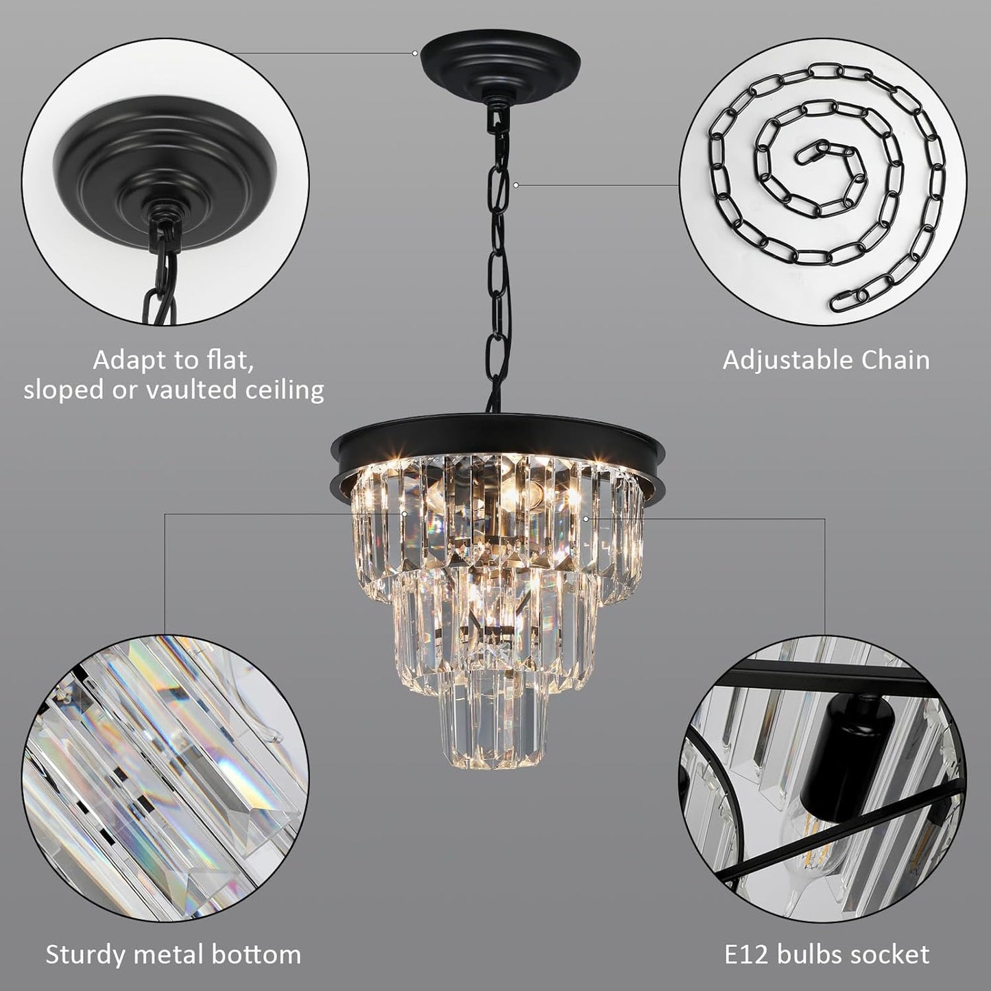 Crystal Chandeliers for Dining Room Light Fixtures Over Table,4-Lights Modern Black Crystal Pendant Lighting Fixture,3 Tiers Small Chandeliers for Kitchen Island Bedroom Entryway D12 Inch