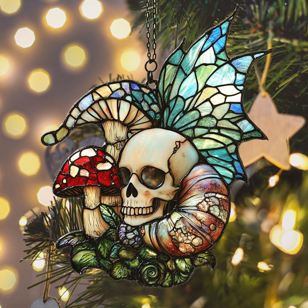 Boho Skeleton Mushroom Acrylic Suncatcher Stained Glass Effect Window Car Hanging Christmas Ornament Indoor Outdoor Decor Garden Sun Catcher Panel for Boho Lover for Women Mom Grandma