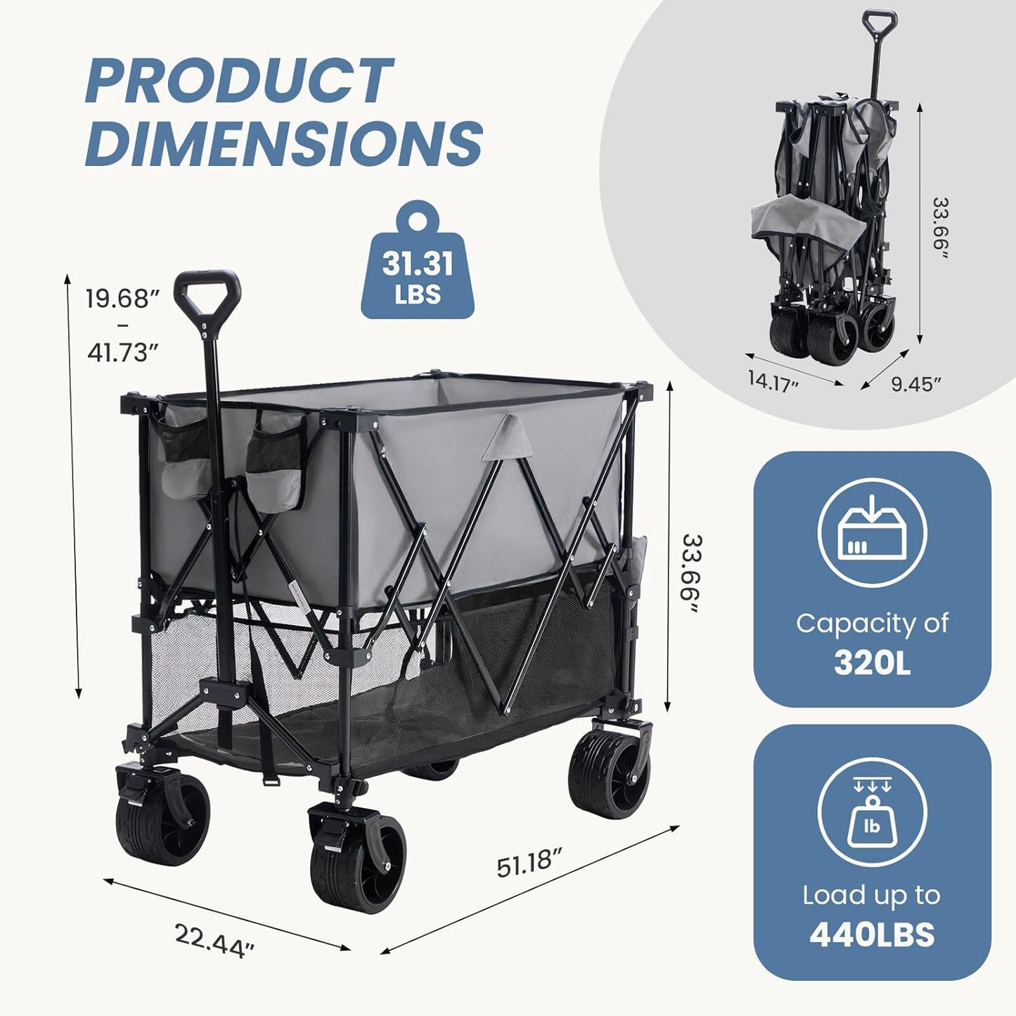 DUMOS Large Capacity Folding Double Decker Wagon with Brakes, 440 lbs Wagons Carts Foldable Wagon Cart with Flexible Handle, All-Terrain Big Wheels for Grocery Sports Garden Camping