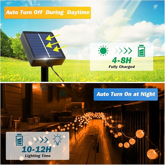 Solar Lights Outdoor Waterproof, 2 Pack Total 120LED 72FT Solar String Lights for Outside w/ 8 Modes, Outdoor String Lights Crystal Globe Patio Lights for Garden Yard Party Decor (Orange)