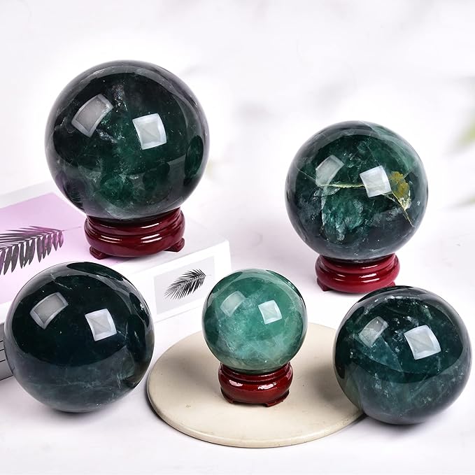 JIC Gem Large Healing Crystal Ball, Green Fluorite Crystal Sphere with Stand Crystal Decorative Ball Home Decoration (100-110mm)