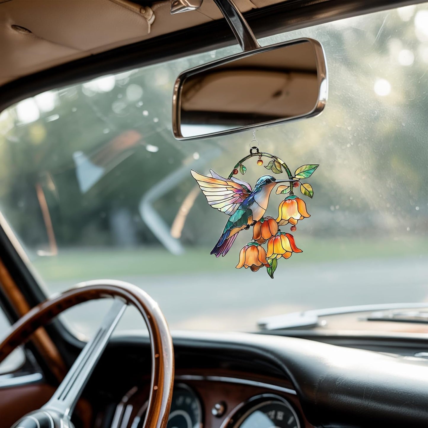 Hummingbird with Flower Acrylic Suncatcher Stained Glass Effect Window Car Hanging Christmas Ornament Indoor Outdoor Decor Garden Sun Catcher Panel for Bird Lover for Women Mom Grandma
