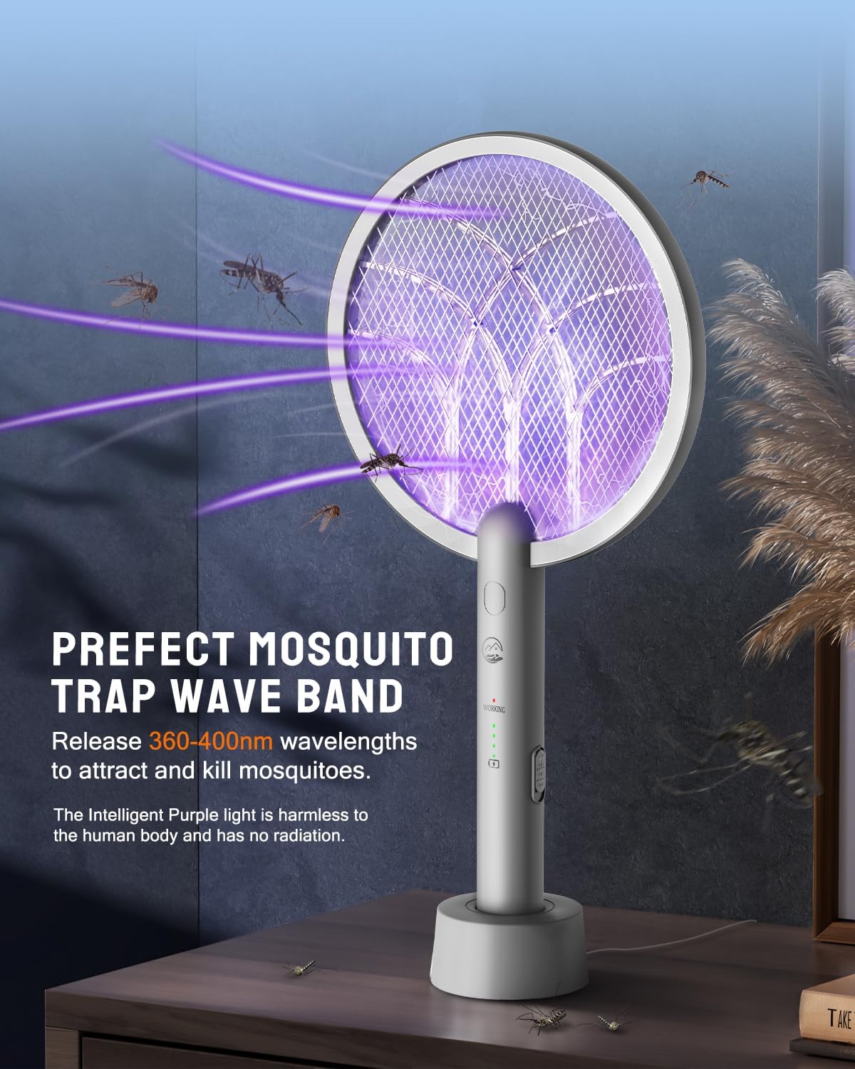 Electric Fly Swatter Racket, Mosiller 2 in 1 Smart Bug Zapper & Power Take Off Generators with USB Rechargeable Base, Powerful Mosquitoes Trap Lamp & Fly Killer for Home, Bedroom(Light GreyοΌ2 PackοΌ)