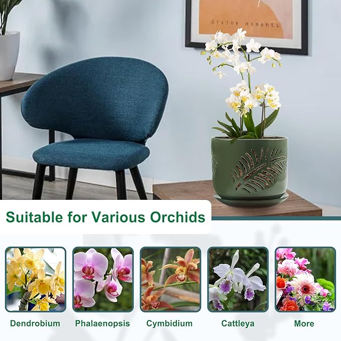 Ceramic Orchid Pots, 6+5 inch Orchid Pots with Holes,Orchid Pots for Repotting,Healthy Air Circulation Plant Pots for Plant Lovers,Planters for Indoor/Outdoor Plants -2 Pack