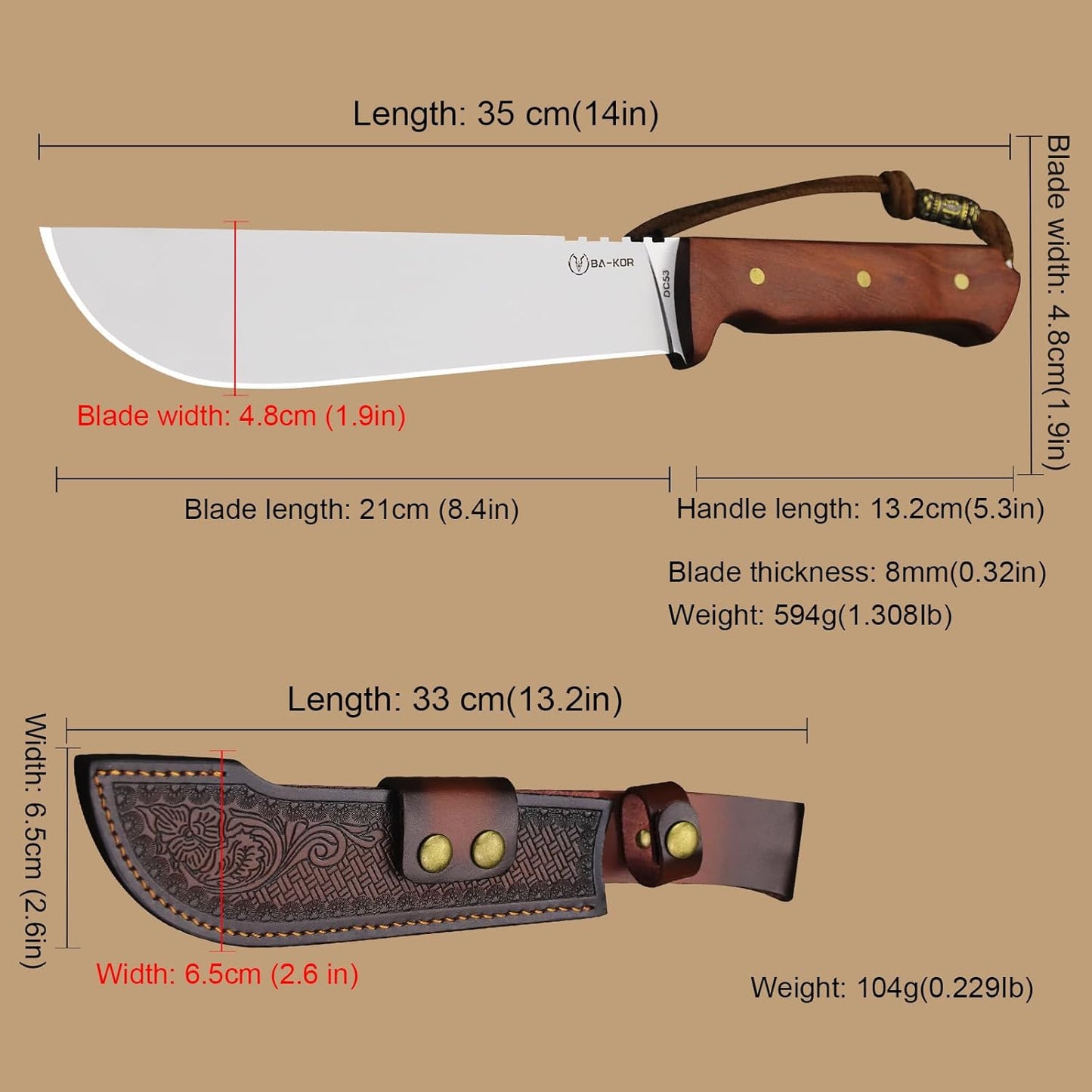 BA-KOR USA 8mmDC53 steel 35CM (14 ") full Tang fixed knife with leather sheath and (5.9 ") ceria ignition head, suitable for outdoor hunting, camping, clearing, adventure, fishing, EDC, BBQ (BA-K0a(8mm))