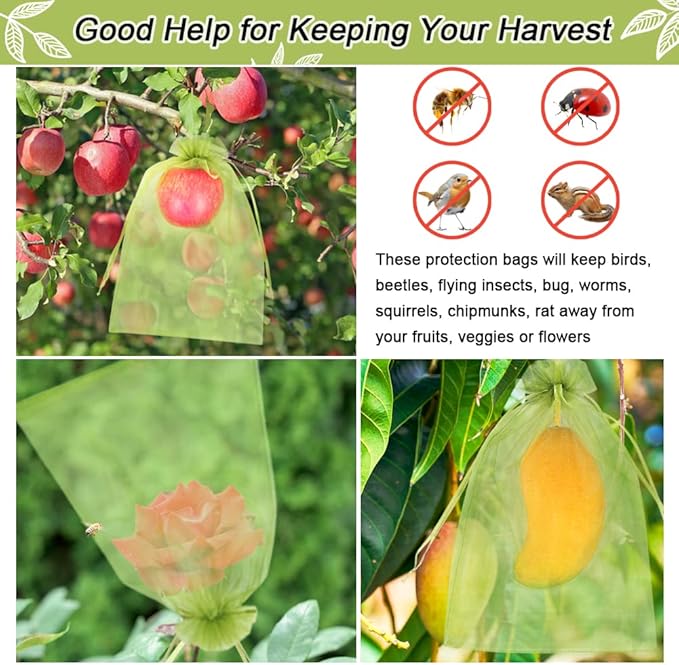 100pcs Fruit Protection Bags 8x12 inch, Green Netting Cover Bags Drawstring Mesh Fruit Protectors Pest Barrier for Grapes Mango Trees Veggies Garden