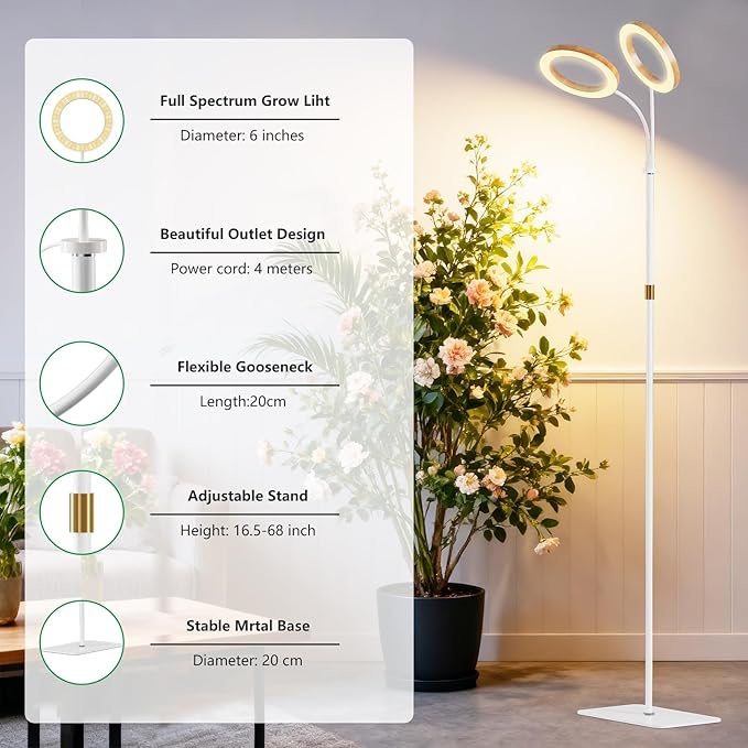 Full Spectrum Grow Light with Stand for Indoor Plants, Floor Plant Light, 6/12/18H Timer, 3 Color Modes, Adjustable Height 16.5–68in, for Large Plants & Home Décor(2 Heads,Faux Wood Grain)