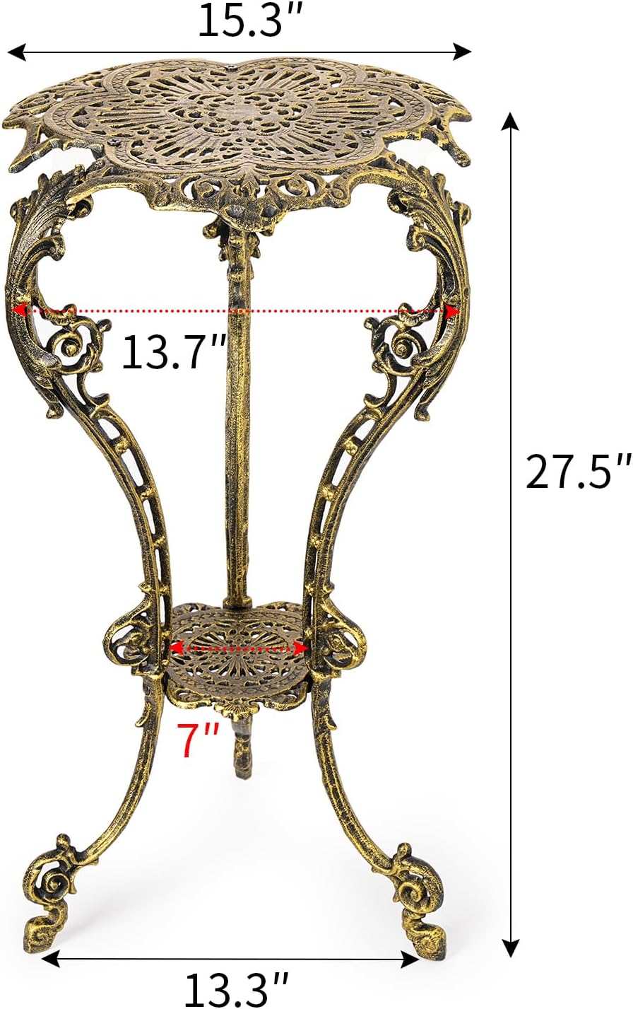 Sungmor Vintage Cast Iron Plant Stand - Ornate Gold Pedestal Table for Indoor Outdoor Garden, 27.5" Antique Metal Flower Pot Holder, Victorian Style Plant Display Stand - Patio, Porch, Balcony Décor